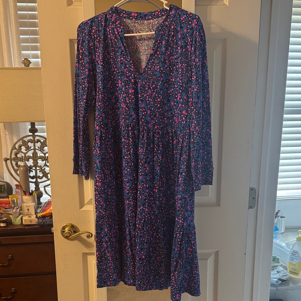 Lilly Pulitzer Navy Dress with Pink Floral Print - Long Sleeve Midi